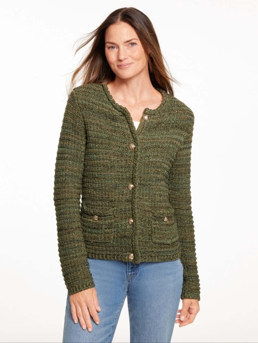 NEW Talbots Tuck Stitch Crewneck Cardigan Sweater Size Large Petite